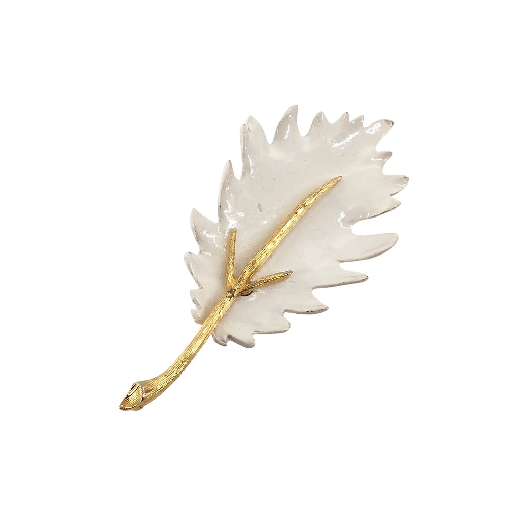 Vintage BSK White Enamel Gold Tone Leaf Brooch Pin Mid Century Botanical Jewelry